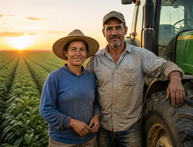 Produtores rurais ao lado do trator