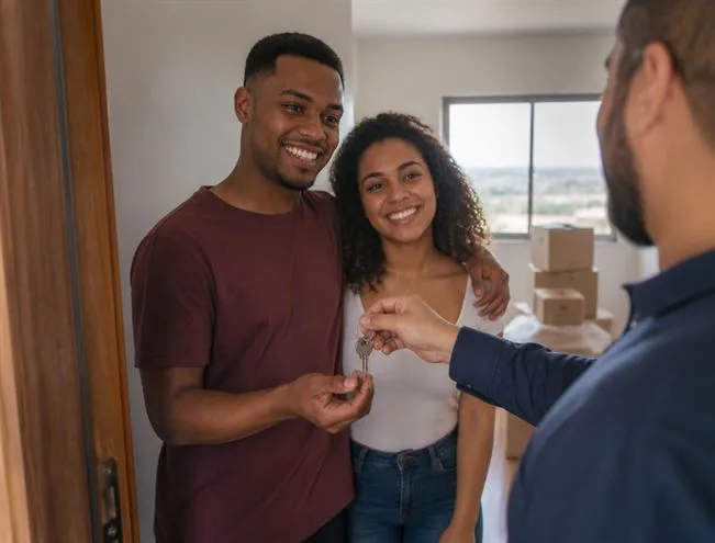 Casal na porta do novo apartamento