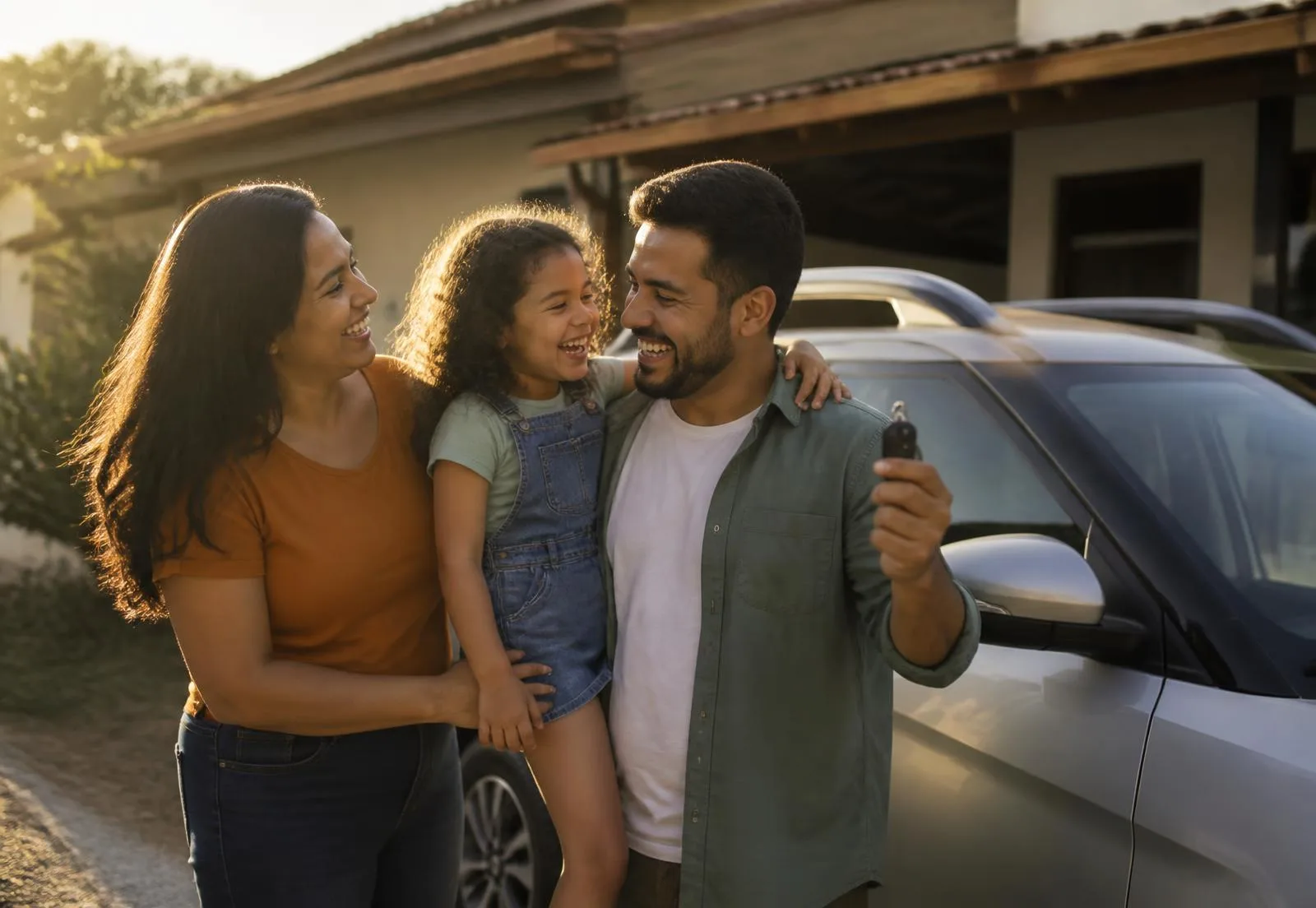 Família ao lado do carro conquistado